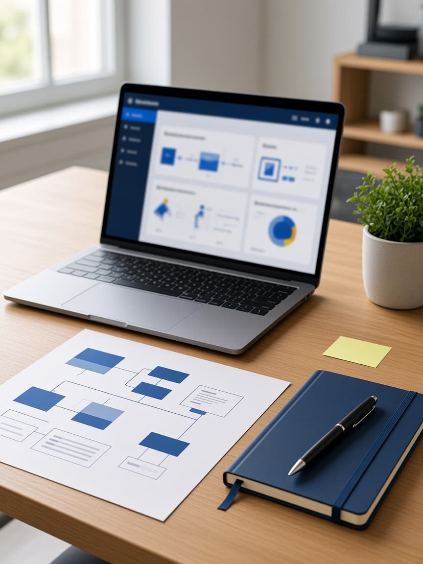 Mesa de trabalho com sistema e material de consultoria